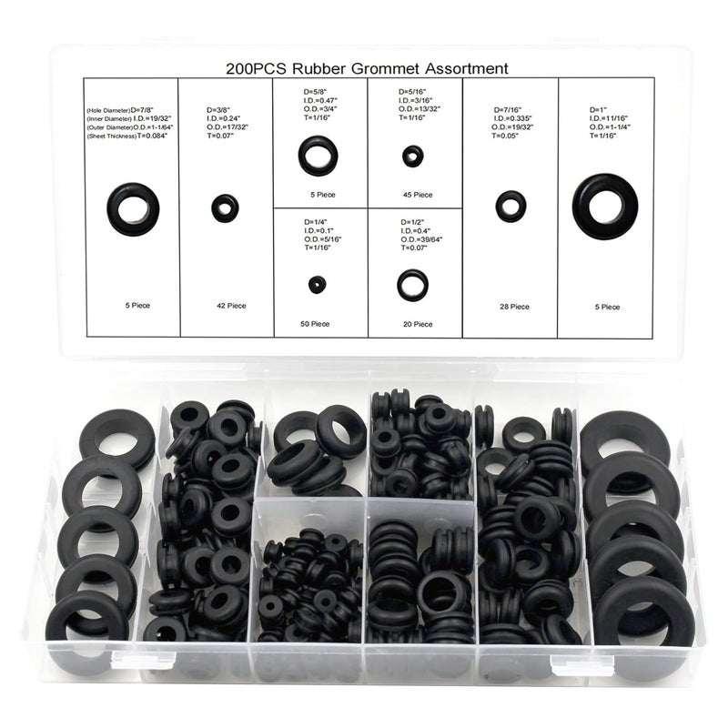 RUMMAIX 200 Pcs Rubber Grommets for Wiring - 8 Sizes (1/4", 5/16", 3/8", 7/16", 1/2", 5/8", 7/8", 1") Hole Rubber Grommet Assortment Kit for Wire - Image 1